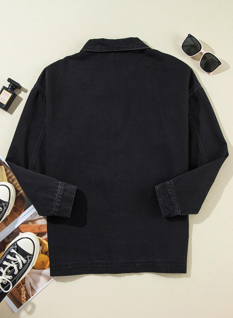 Sidefeel Women's Jean Jacket Oversized Boyfriend Button Up Long Sleeve Denim Jackets Black Medium - Image 5