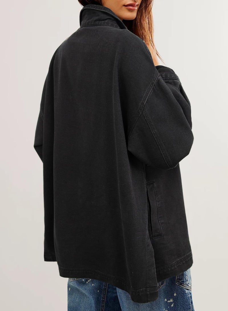 Sidefeel Women's Jean Jacket Oversized Boyfriend Button Up Long Sleeve Denim Jackets Black Medium - Image 2