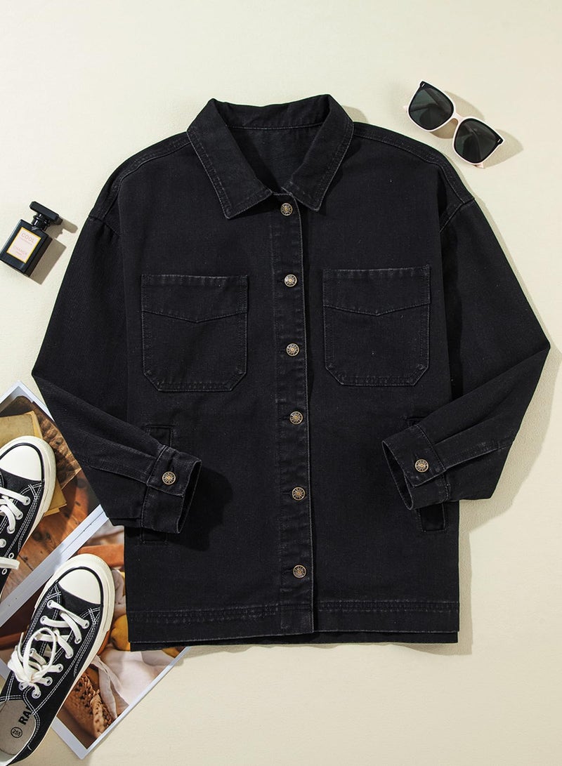 Sidefeel Women's Jean Jacket Oversized Boyfriend Button Up Long Sleeve Denim Jackets Black Medium - Image 4