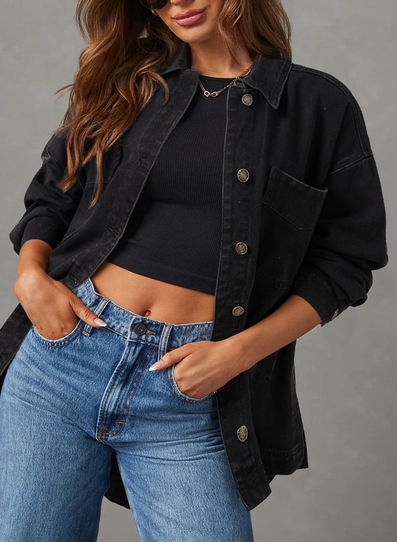 Sidefeel Women's Jean Jacket Oversized Boyfriend Button Up Long Sleeve Denim Jackets Black Medium - Image 3