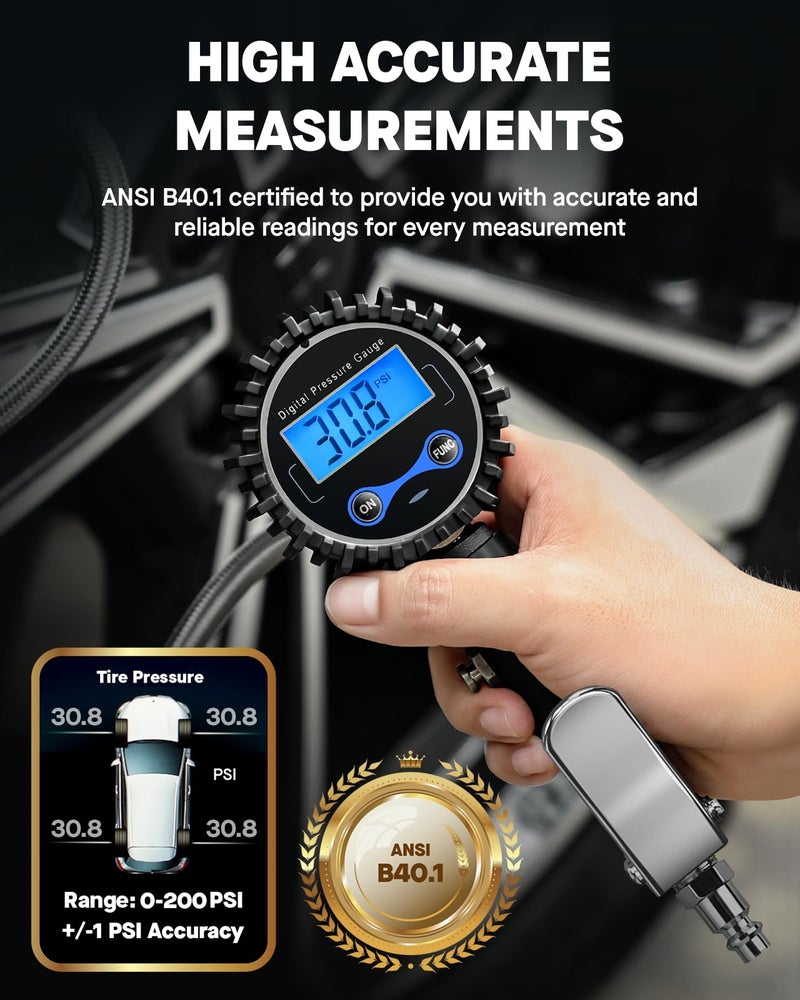 Vondior Digital Tire Inflator with Pressure Gauge 200 PSI - Large 2" Digital Dial, Heavy Duty Air Chuck and Compressor Accessories with Tire Tread Depth Gauge and Quick Connect Coupler Car Accessories - Image 4
