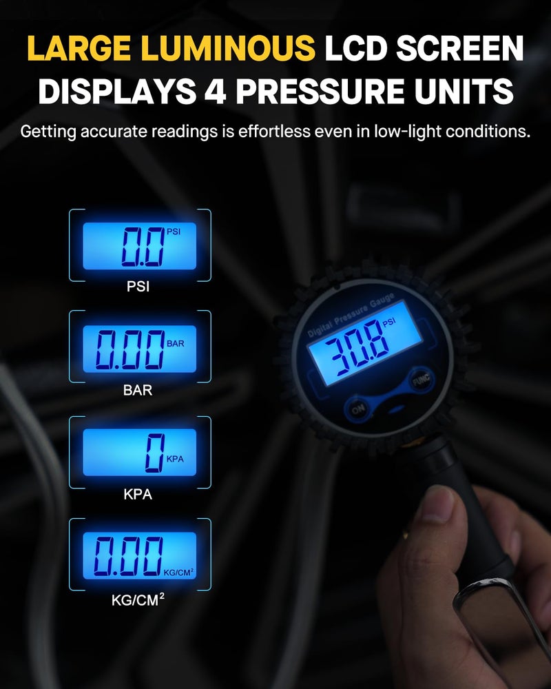 Vondior Digital Tire Inflator with Pressure Gauge 200 PSI - Large 2" Digital Dial, Heavy Duty Air Chuck and Compressor Accessories with Tire Tread Depth Gauge and Quick Connect Coupler Car Accessories - Image 5