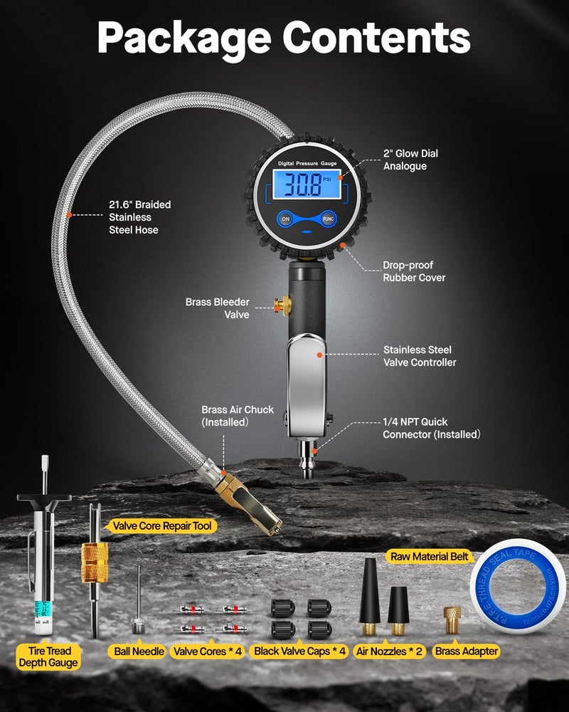Vondior Digital Tire Inflator with Pressure Gauge 200 PSI - Large 2" Digital Dial, Heavy Duty Air Chuck and Compressor Accessories with Tire Tread Depth Gauge and Quick Connect Coupler Car Accessories - Image 2