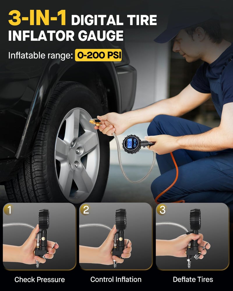 Vondior Digital Tire Inflator with Pressure Gauge 200 PSI - Large 2" Digital Dial, Heavy Duty Air Chuck and Compressor Accessories with Tire Tread Depth Gauge and Quick Connect Coupler Car Accessories - Image 3