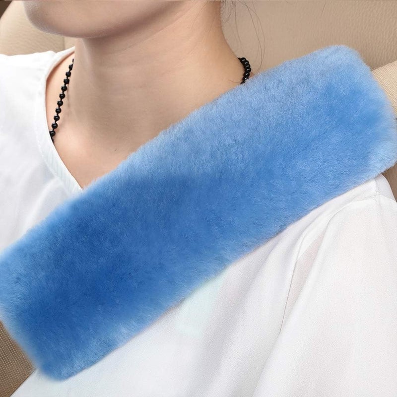 OGLAND 2 Pack Natural Fur Comfort Auto Sheepskin Car Seat Belt Pads - Sky Blue - Image 2