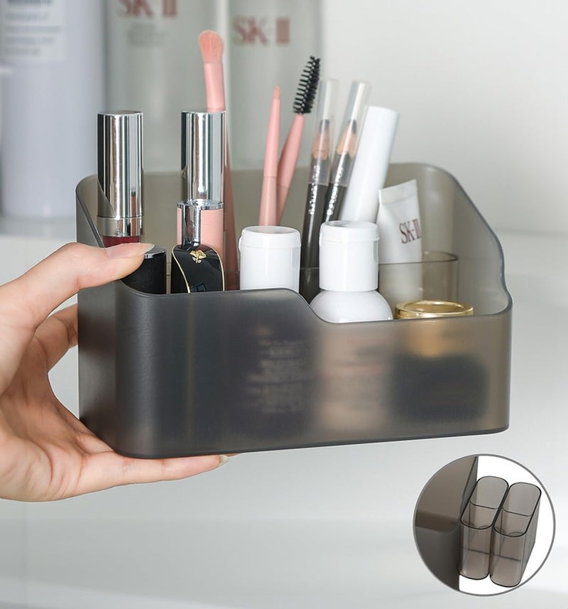 wolpin Cosmetic Storage Box Makeup Lipstick Makeup Brush Organiser Stand Frosted Case Dressing Table Bathroom Organiser with Removebale Grid Box 165 x 85 x 10 cm Gray Plastic - Image 3