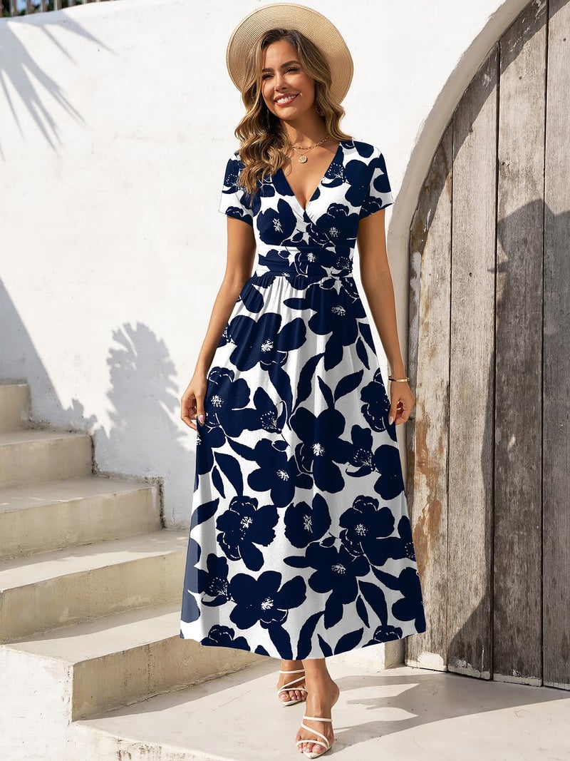 Gracyoga Women's 2025 Trendy Fall Dress Elegant Empire Waist Dresses for Women Curvy Smocked Vintage A Line Sundresses Vacation Outfit White Blue Floral XL - Image 3