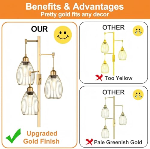 Torondo Dimmable Floor Lamp, Industrial Floor Lamps for Living Room, Gold Tree Lamp Standing Lamp Tall Lamps with 3 Elegant Teardrop Cage Head & 800 Lumens LED Bulbs for Living room Bedroom Office Dining Room - Image 3