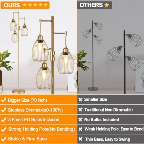 Torondo Dimmable Floor Lamp, Industrial Floor Lamps for Living Room, Gold Tree Lamp Standing Lamp Tall Lamps with 3 Elegant Teardrop Cage Head & 800 Lumens LED Bulbs for Living room Bedroom Office Dining Room - Image 2