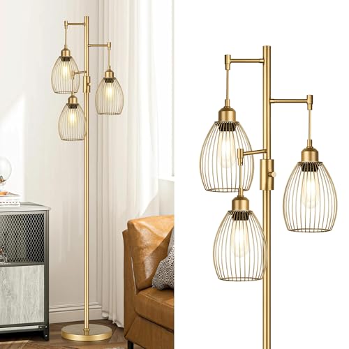 Torondo Dimmable Floor Lamp, Industrial Floor Lamps for Living Room, Gold Tree Lamp Standing Lamp Tall Lamps with 3 Elegant Teardrop Cage Head & 800 Lumens LED Bulbs for Living room Bedroom Office Dining Room - Image 1