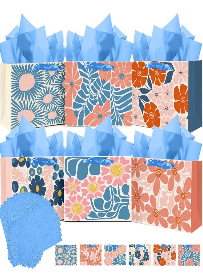 qiqee Medium Paper Gift Bags with Tissue Paper Handles 6PCS Winter Flowers Cardboard Floral Gift Bags for Women Mom Grandma Party Supply (6PCS Bags+Tissue Paper - Image 1