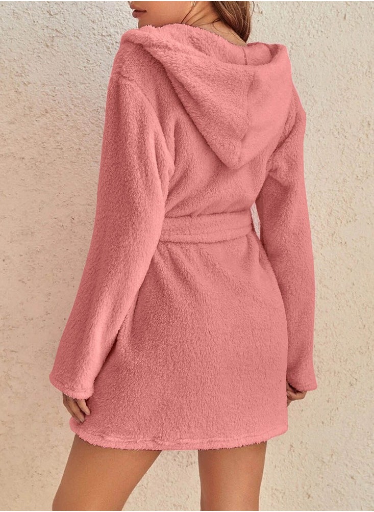 RATSAW - Women Hooded Bathrobe Fleece Lightweight Soft Plush Flannel Sleepwear Fleece Hooded Bathrobes Night Sleepwear Women's Mid Length Plush Robe - Image 1