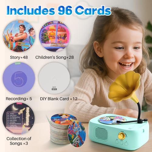 yimido Kids Phonograph Toddler Record Player with 96 Learning Cards Early Education Machine Record Player Music Box Storyteller pop Speakers Gift for Boys and Girls - Image 5