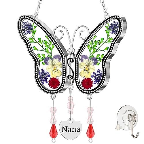 KUNDGLA Butterfly Suncatcher with Pressed Real Flowers, Handmade Nana Heart Pendant, Lead-Free Silver & Zinc Alloy Hanging Decor for Windows, Garden, Car for Mom, Wife, Grandma - Image 1