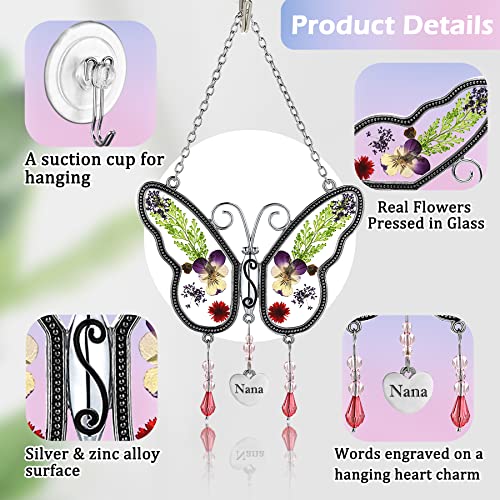 KUNDGLA Butterfly Suncatcher with Pressed Real Flowers, Handmade Nana Heart Pendant, Lead-Free Silver & Zinc Alloy Hanging Decor for Windows, Garden, Car for Mom, Wife, Grandma - Image 2