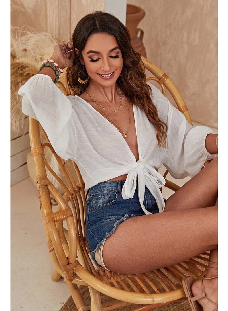 Angelsin Front Tie Casual Shirt Pareo Crop Blouse - Image 5