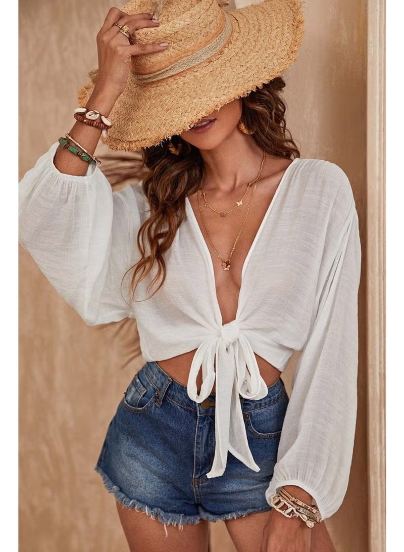 Angelsin Front Tie Casual Shirt Pareo Crop Blouse - Image 1
