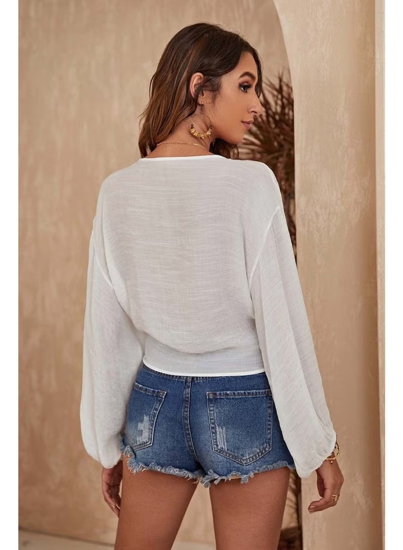 Angelsin Front Tie Casual Shirt Pareo Crop Blouse - Image 2