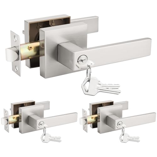 Probrico 3 Pack Satin Nickel Interior Bedroom Entrance Door Lever Doorknobs Door Lock One Keyway Entry Keyed Entrance Lockset Each with 3 Keys - Image 1