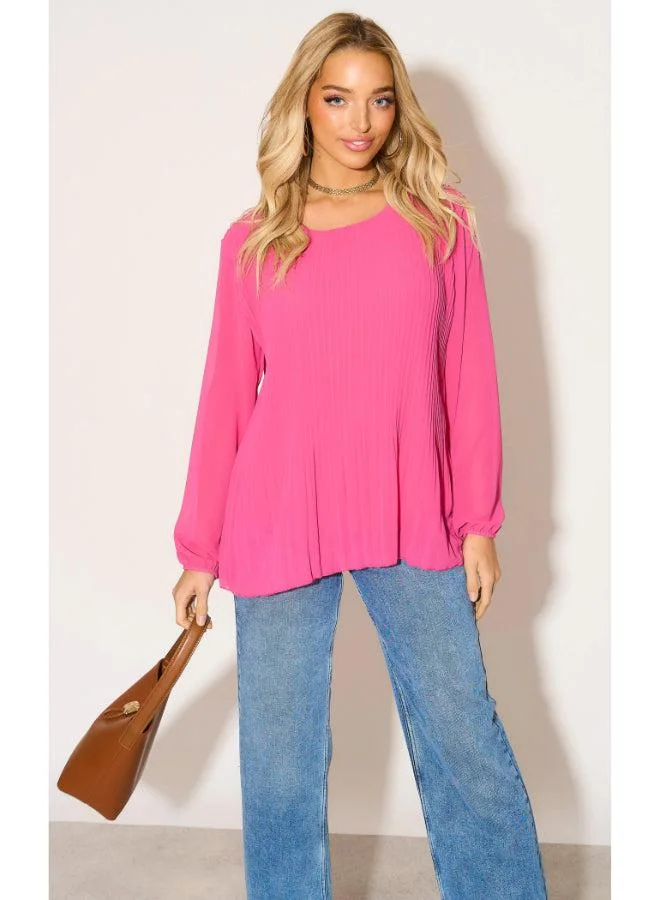 Hoxton Gal Oversized Pink Pleated Long‑Sleeve Blouse – Relaxed Fit