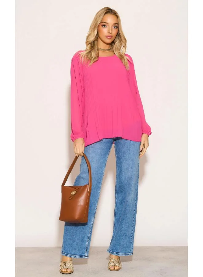 Hoxton Gal Oversized Pink Pleated Long‑Sleeve Blouse – Relaxed Fit