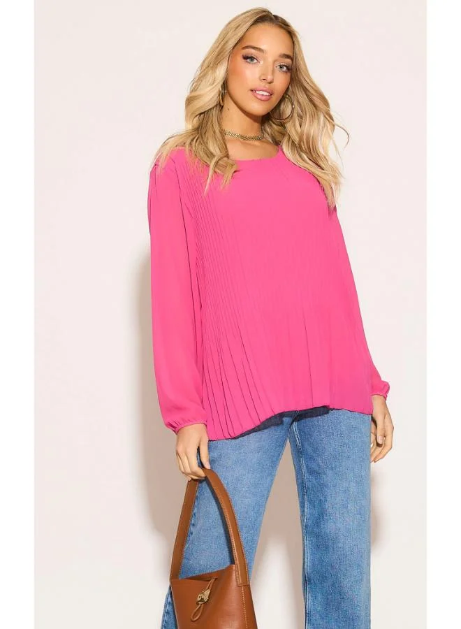 Hoxton Gal Oversized Pink Pleated Long‑Sleeve Blouse – Relaxed Fit