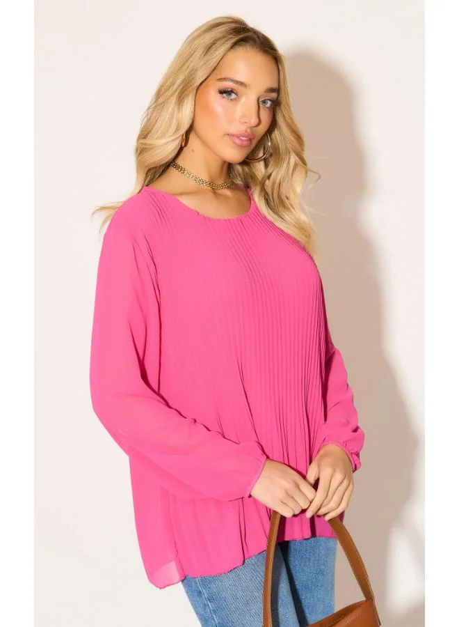 Hoxton Gal Oversized Pink Pleated Long‑Sleeve Blouse – Relaxed Fit