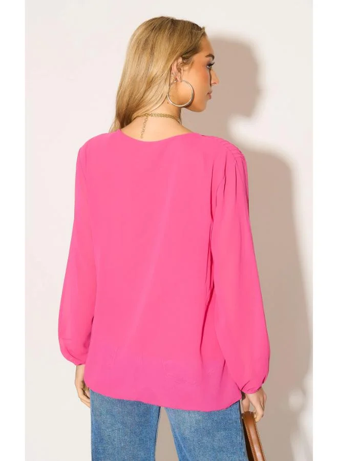 Hoxton Gal Oversized Pink Pleated Long‑Sleeve Blouse – Relaxed Fit