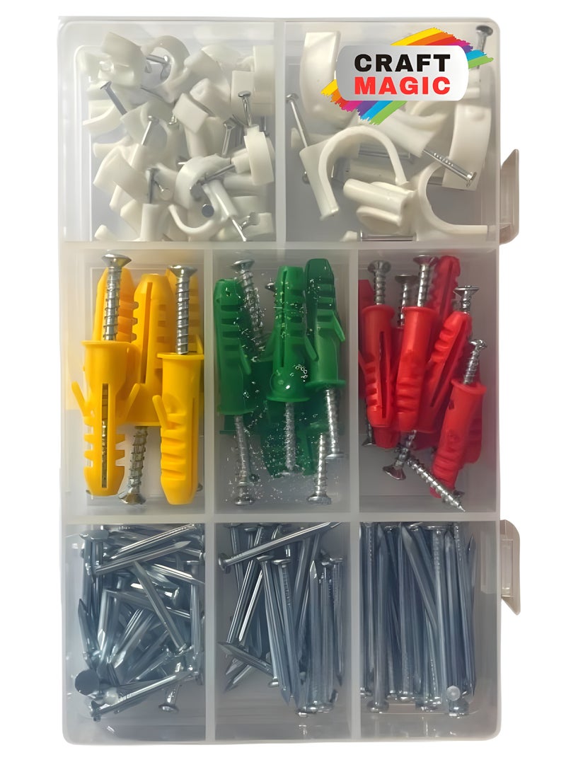 كرافت ماجيك مجموعة متنوعة من المقابس والبراغي الجدارية مع مسامير ومشابك كابلات - مجموعة تثبيت مرساة مكونة من 200 قطعة في صندوق تخزين للاستخدام المنزلي والمكتبي والمنزلي (مقابس حمراء وخضراء وصفراء، براغي، مسامير، مشابك كابلات) - Image 1