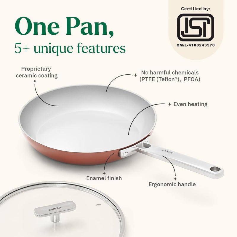 Ember Cookware مقلاة بيض سيراميك أركيلا 20 سم | مقلاة عجة غير لاصقة وغير سامة مع غطاء زجاجي | معتمدة من ISI | مقلاة طبخ سيراميك | مقبض فولاذي | خالية من PFAS و PTFE | آمنة للاستخدام على الحث | تيراكوتا - Image 2