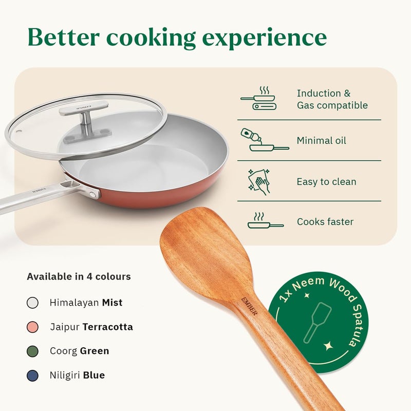 Ember Cookware مقلاة بيض سيراميك أركيلا 20 سم | مقلاة عجة غير لاصقة وغير سامة مع غطاء زجاجي | معتمدة من ISI | مقلاة طبخ سيراميك | مقبض فولاذي | خالية من PFAS و PTFE | آمنة للاستخدام على الحث | تيراكوتا - Image 3