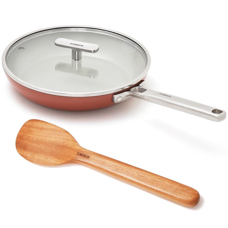 Ember Cookware مقلاة بيض سيراميك أركيلا 20 سم | مقلاة عجة غير لاصقة وغير سامة مع غطاء زجاجي | معتمدة من ISI | مقلاة طبخ سيراميك | مقبض فولاذي | خالية من PFAS و PTFE | آمنة للاستخدام على الحث | تيراكوتا - Image 1