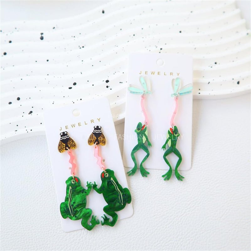 Dtja Creative Acrylic Frog Dangle Earrings for Women Lightweight Cute Summer Green Animal Eatting Insect Statement Drop Dangling Earrings Exaggerated Fun Halloween Theme Party Jewelry (Pest) - Image 5