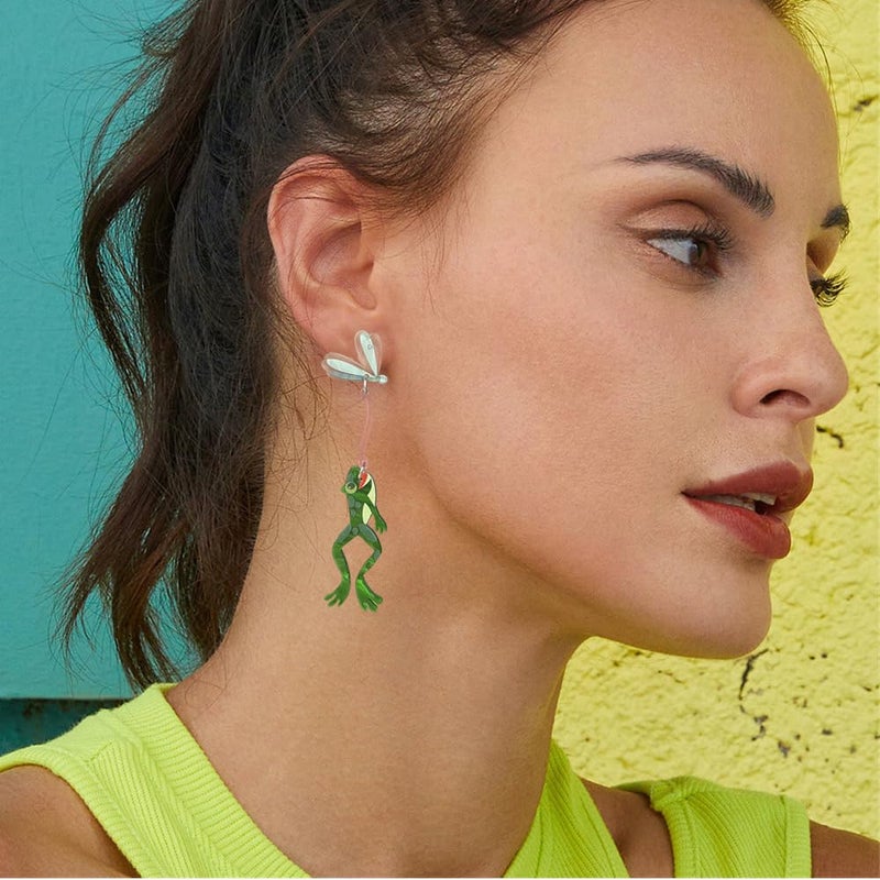 Dtja Creative Acrylic Frog Dangle Earrings for Women Lightweight Cute Summer Green Animal Eatting Insect Statement Drop Dangling Earrings Exaggerated Fun Halloween Theme Party Jewelry (Pest) - Image 2