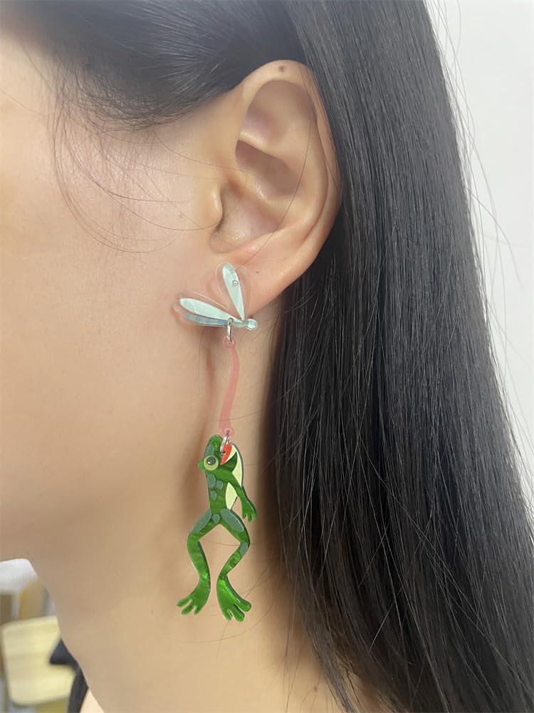 Dtja Creative Acrylic Frog Dangle Earrings for Women Lightweight Cute Summer Green Animal Eatting Insect Statement Drop Dangling Earrings Exaggerated Fun Halloween Theme Party Jewelry (Pest) - Image 3