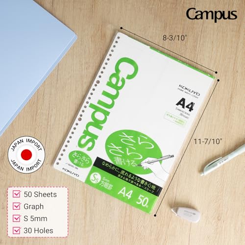 Kokuyo Campus Loose Leaf Paper, A4 Filler Paper with 5x5 Graph, 50 Sheets 75 GSM Sarasara Smooth Writing, 30 Holes, 11-3/4"x8-1/4” Binder Notebook Bleed Resistant Paper. Japan Import (NO-829S-5N) - Image 2