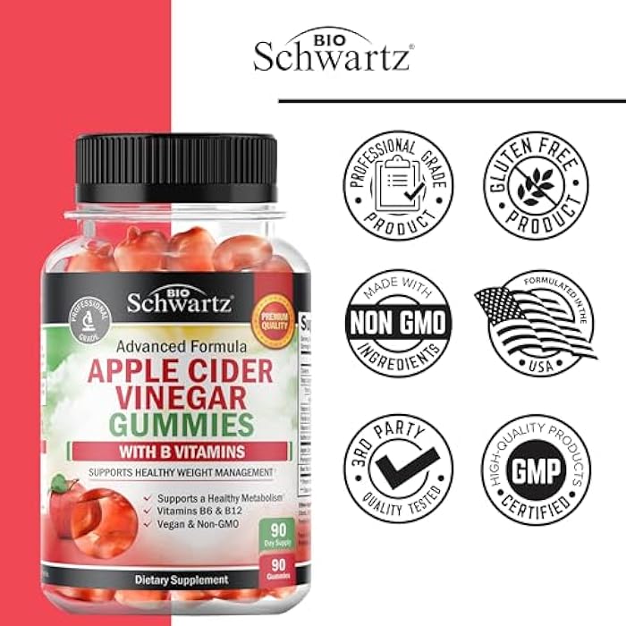 BioSchwartz Apple Cider Vinegar Gummies for Weight Loss - ACV Gummies with The Mother for Women & Men - Energy Boost Bloat Digestive & Immune Support - Vitamin B12 B6 B 9 Folic Acid - Vegan Detox Cleanse -90Ct - Image 5