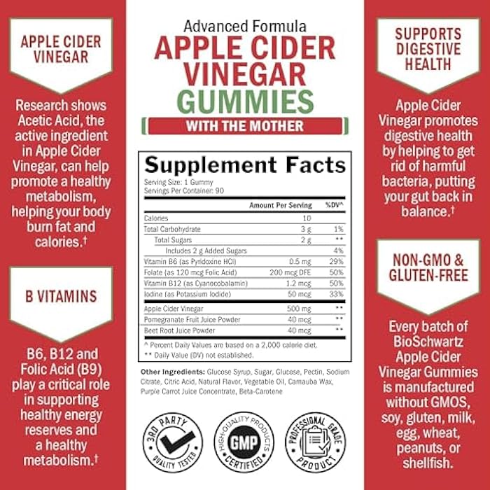 BioSchwartz Apple Cider Vinegar Gummies for Weight Loss - ACV Gummies with The Mother for Women & Men - Energy Boost Bloat Digestive & Immune Support - Vitamin B12 B6 B 9 Folic Acid - Vegan Detox Cleanse -90Ct - Image 3