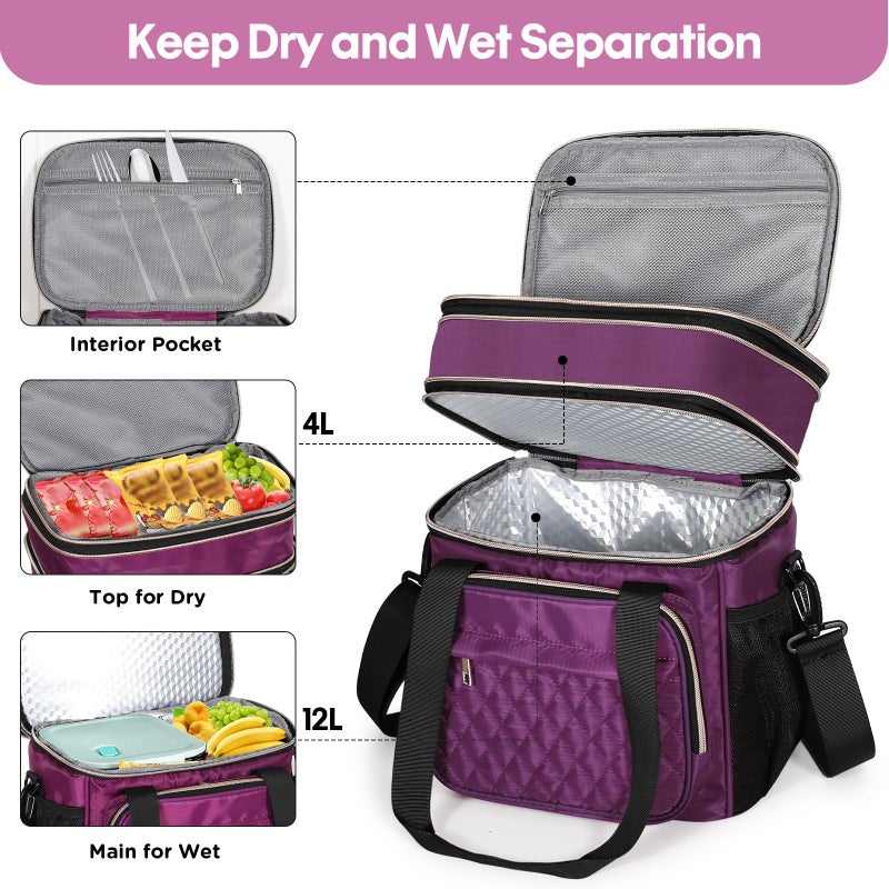 GLENKEY Expandable Insulated Lunch Box, Double Deck Lightweight Large Lunch Bag Tote Leakproof Cooler Bags for Women Adults Work Outdoor Picnic Daytrip, Purple,16L - Image 2