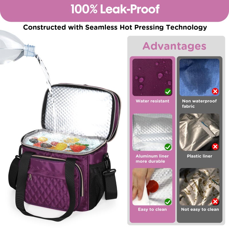 GLENKEY Expandable Insulated Lunch Box, Double Deck Lightweight Large Lunch Bag Tote Leakproof Cooler Bags for Women Adults Work Outdoor Picnic Daytrip, Purple,16L - Image 5