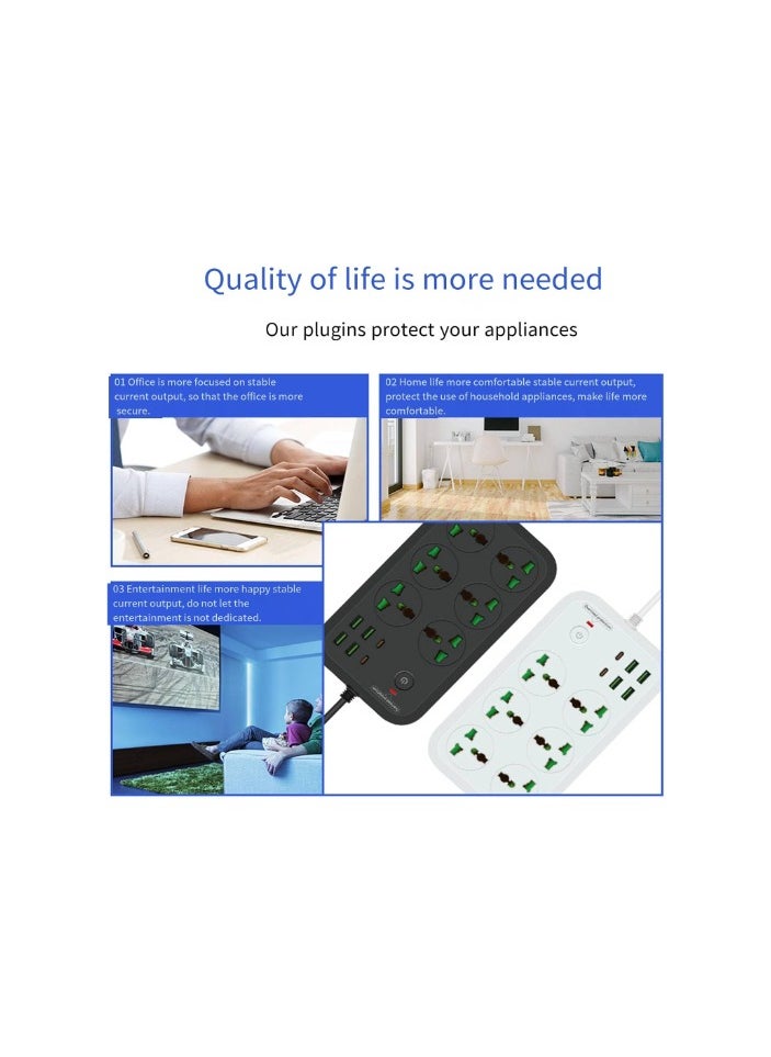 COMFET COMFET 12 in 1 Universal Power Strip (socket) with USB C 2 Slots, Extension Cord(2meter) with 6 Wide Universal Sockets and 4 USB, 110-240v, Max 3000w, Independent Switch, International Plug. (WHITE)  - Image 5