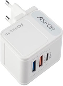 ASPOR A838 Fast Charger PD 18W And QC 3.0 And IQ 2.4A Output EU PIN And LIGHTNING Cable,3 USB - White