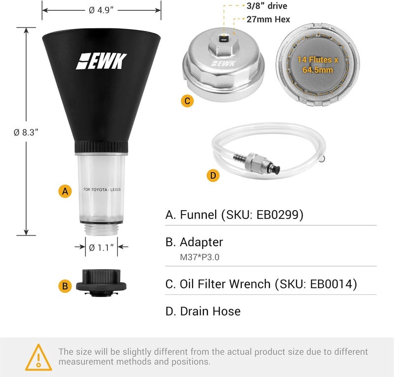 EWK No-Spill Engine Oil Funnel with 64mm Oil Filter Wrench and Drain Hose for Toyota, Lexus, Scion - Image 2
