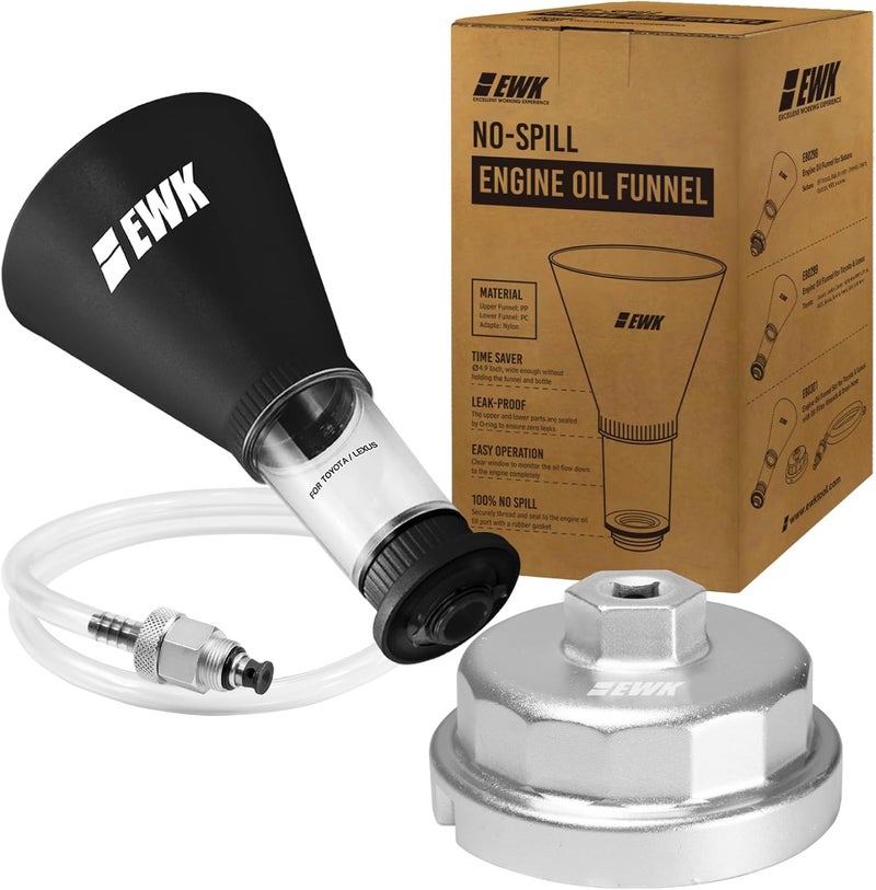 EWK No-Spill Engine Oil Funnel with 64mm Oil Filter Wrench and Drain Hose for Toyota, Lexus, Scion - Image 1