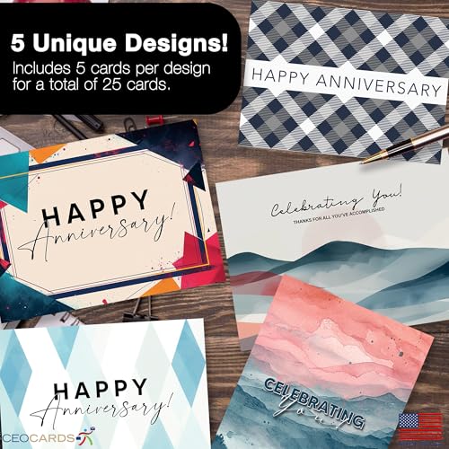 CEO Cards Work Anniversary Cards with Envelopes for Employees (25 Variety Assortment Pack – 5 Designs) Bulk Appreciation Greeting Card Set for Business - 5x7 Inch – Office, Work, Coworkers & Team (VP2413) - Image 2