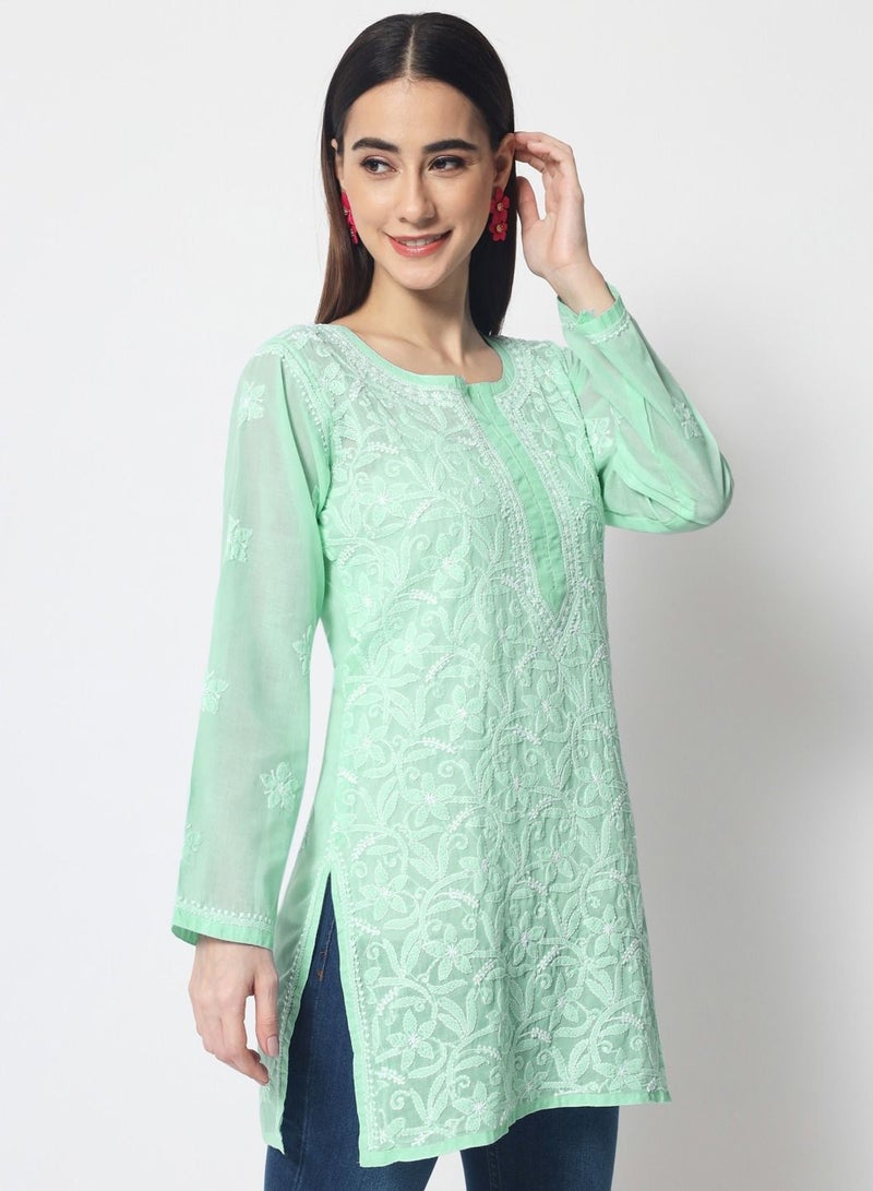Alaya Hand Embroidered Chikankari Cotton Straight Tunic-AL3591 - Image 3