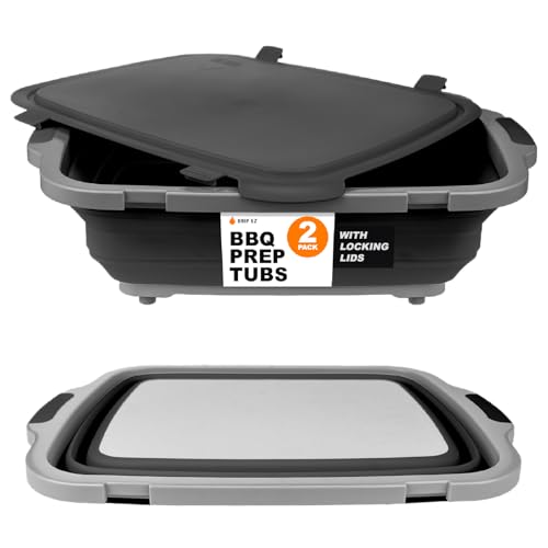 Drip EZ Collapsible BBQ Prep Tubs 2Piece Set For Meal Prep Marinating Food Storage  Includes Cutting Board  Lid  2 XL  Black
