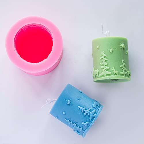 NINEXY 3D Cylinder Christmas Candle Molds,Silicone Soap Mold Embossed Christmas Tree & Elk Reindeer Pattern for Home Party Decoration (Random Mold Color) - Image 3