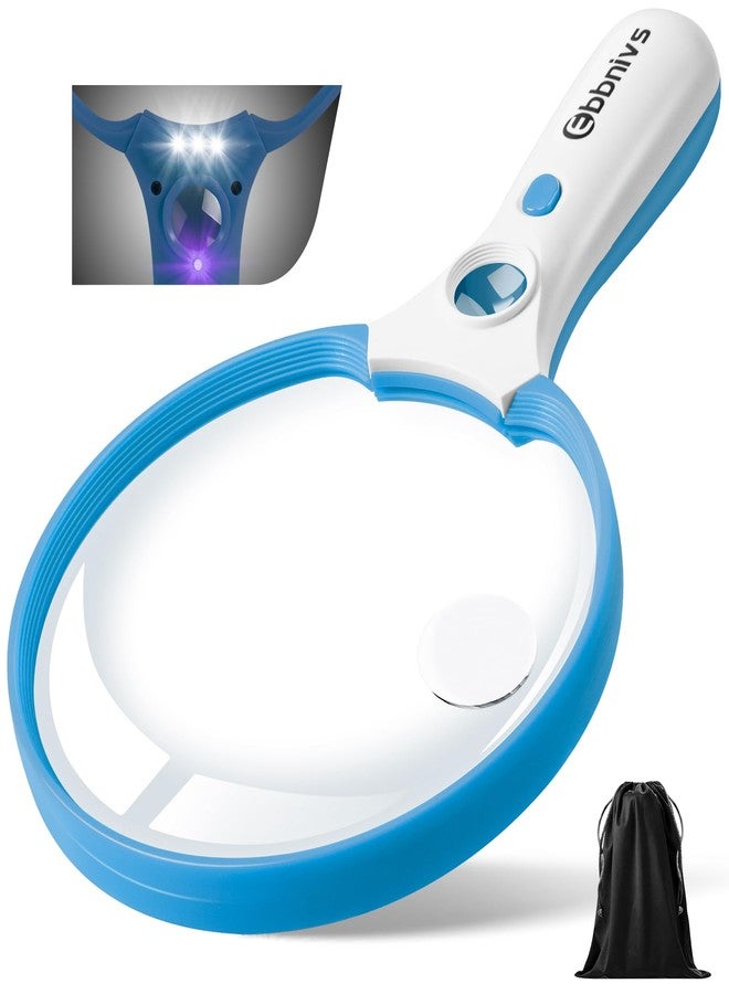 Ebbnivs Large Magnifying Glass with Light, Magnifier Handheld Illuminated Lighted Magnifier with 3 LED Lights 1UV Light Storage Bag Clean Cloth for Seniors Reading Inspection (Blue) - Image 1