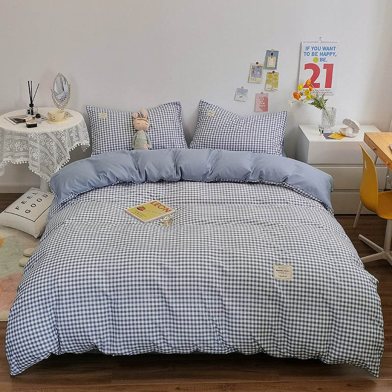 Japanese Style Simple Plaid Four-Piece Set Sanding Wash Cotton Bed Sheet Quilt Cover Three-Piece Set Bed Hat Bedding - Image 3
